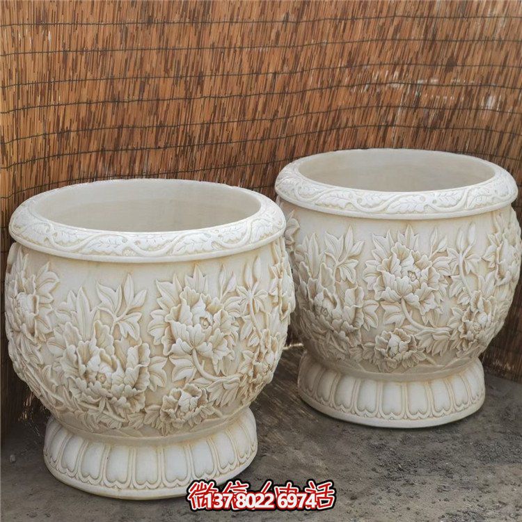 漢白玉浮雕荷花養(yǎng)魚缸，精美庭院裝飾戶外中式花盆
