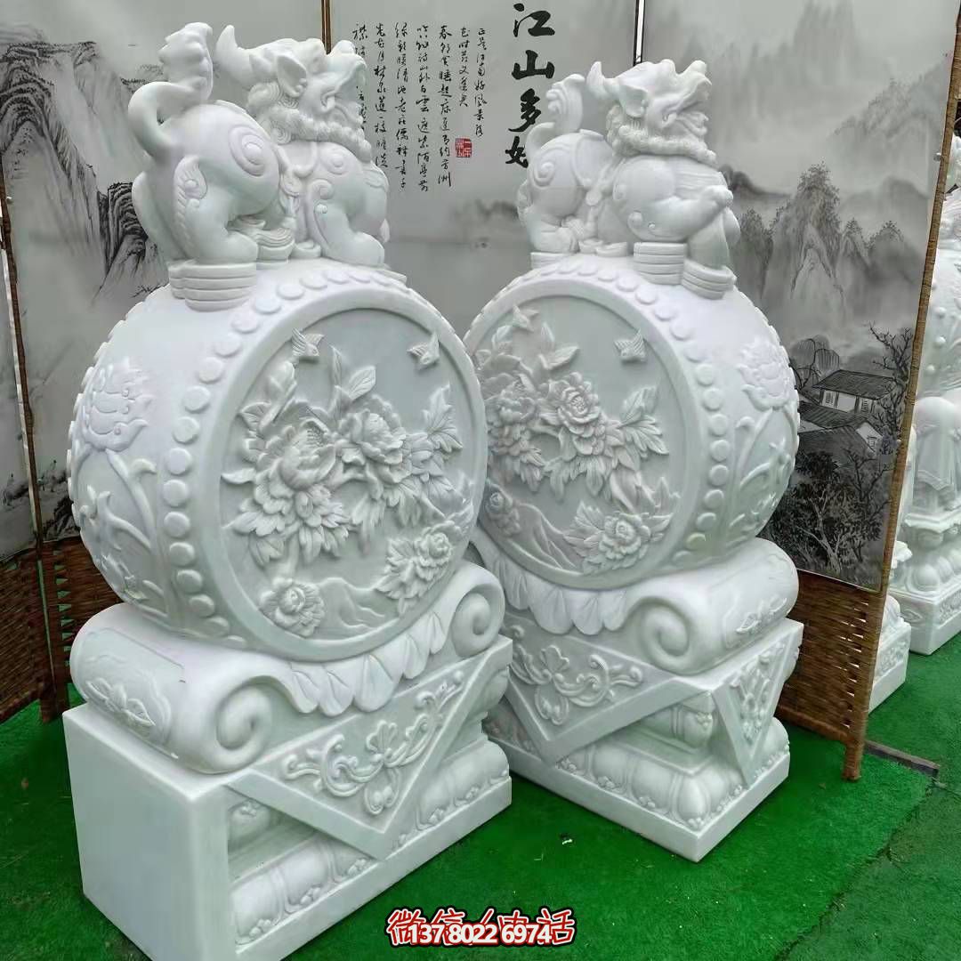 天然優(yōu)質(zhì)漢白玉浮雕麒麟抱鼓石，裝點你的庭院門口