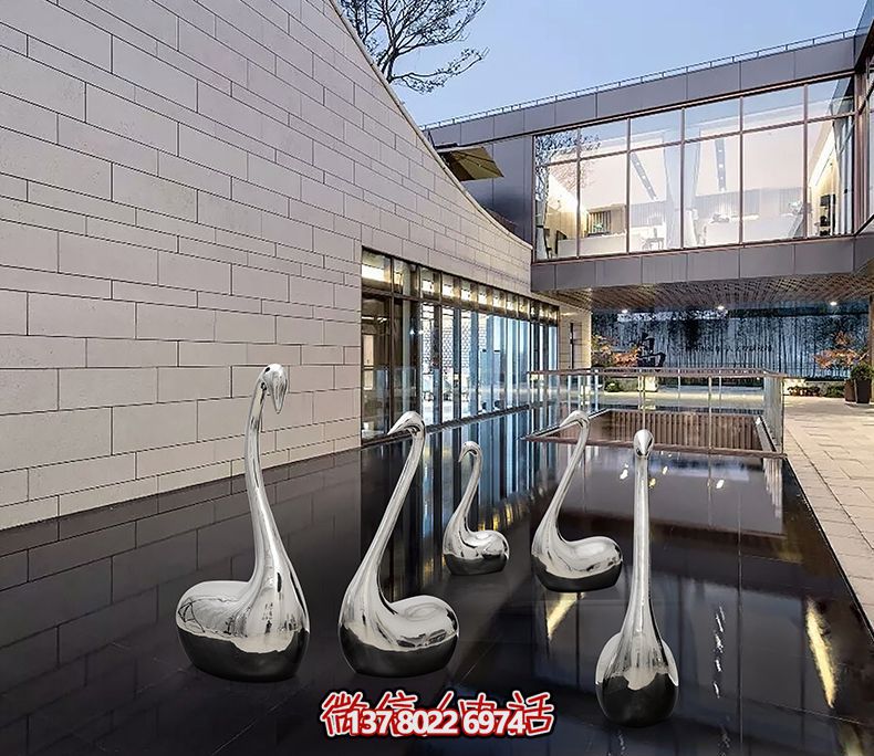 不銹鋼創(chuàng)意天鵝雕塑，鏡面水中裝飾別墅