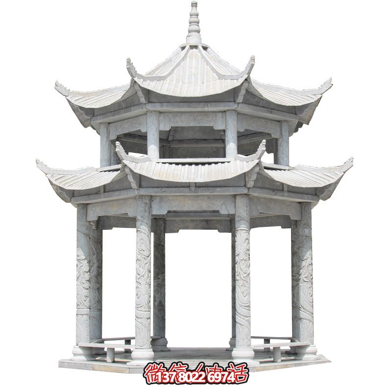 精美大理石雙層柱涼亭，雕塑點綴休息亭