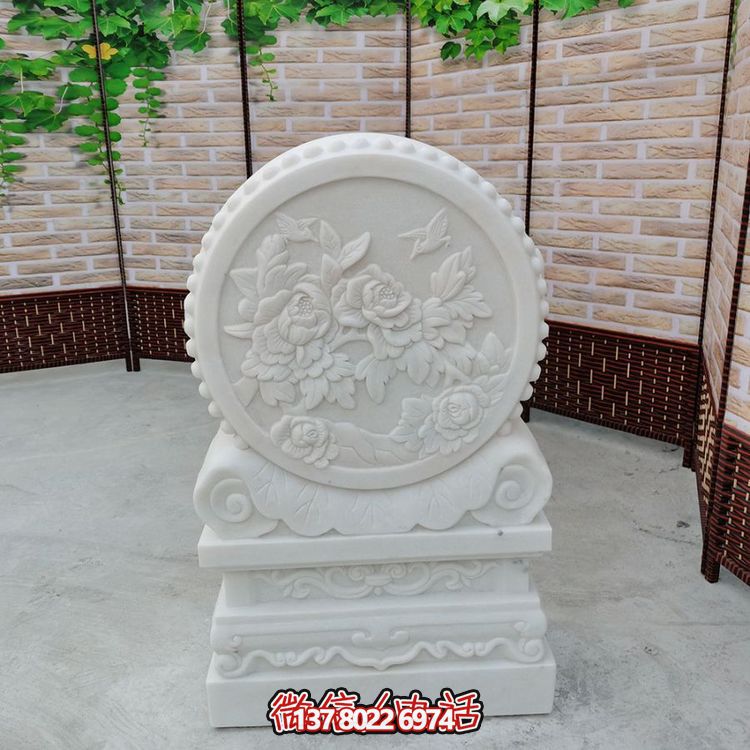 中式風(fēng)格天然漢白玉石雕抱鼓浮雕門(mén)墩，花開(kāi)富貴