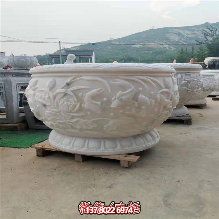 古典經(jīng)典，漢白玉鯉魚(yú)雕刻圓形水缸