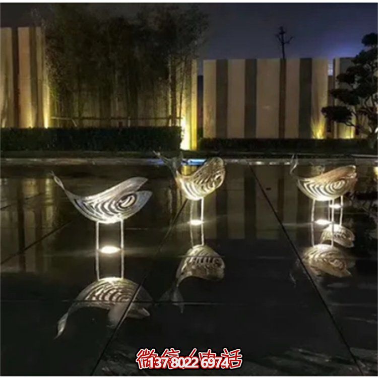 酒店噴泉擺放不銹鋼抽象魚(yú)群水景雕塑