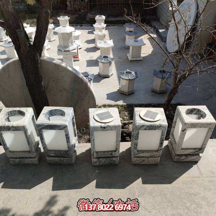 天然大理石石材浮雕別墅酒店太陽(yáng)能板日式石燈擺件