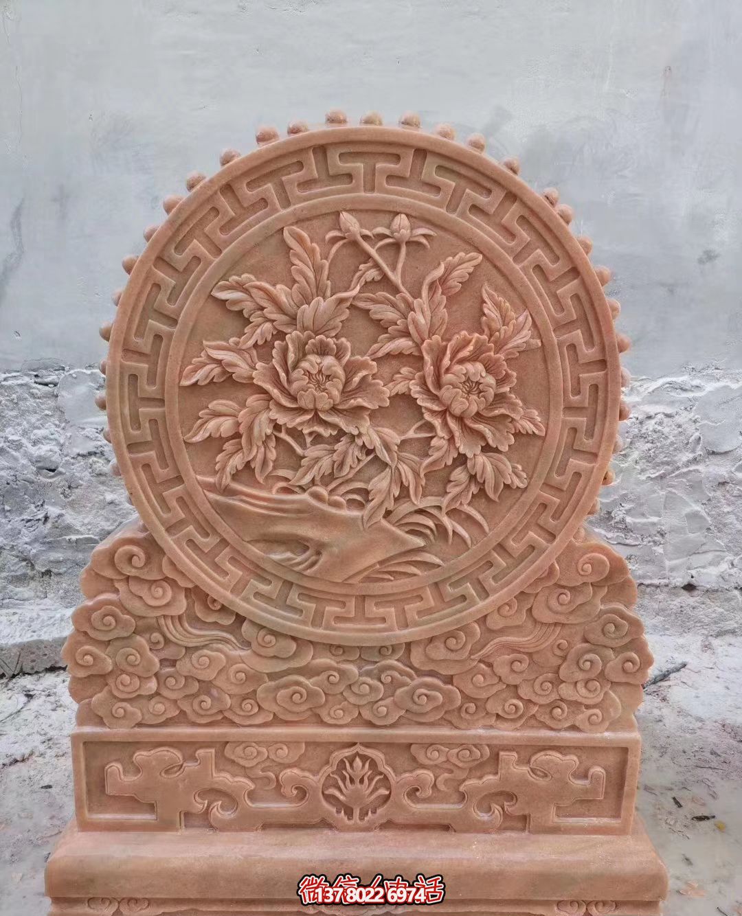 庭院晚霞紅牡丹花浮雕石門(mén)墩 庭院晚霞紅牡丹花浮雕石門(mén)墩