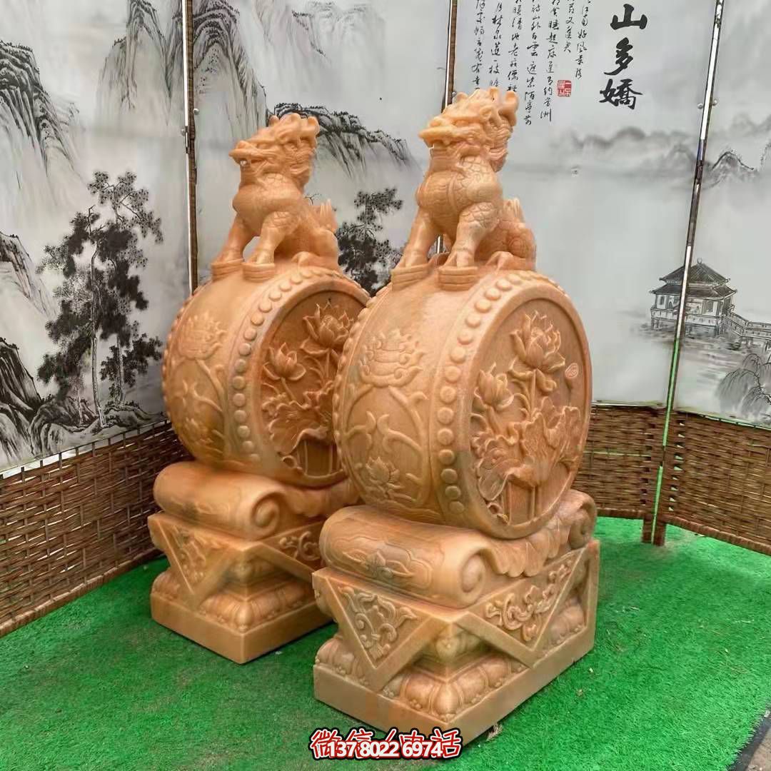 麒麟抱鼓石，晚霞紅荷花門墩