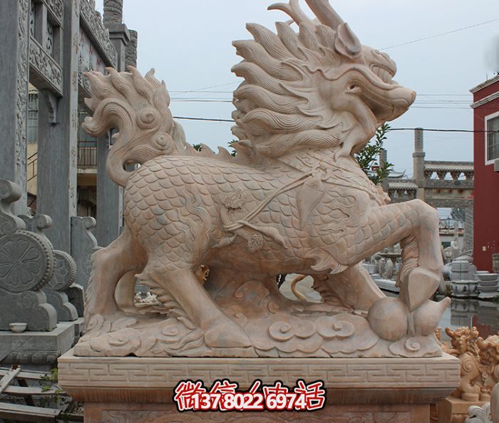 廣場(chǎng)酒店大型戶(hù)外景觀(guān)晚霞紅石雕麒麟雕塑