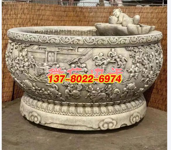 百子嬉戲圖?中式石雕魚(yú)缸景觀雕塑